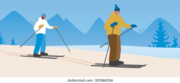 LGBTQ skiers skiing, ski resort. Flat vector stock illustration. Skiing as a leisure. LGBT couple on skis. People happy. A seasonal hobby or leisure. Women winter vacation. Vector illustration