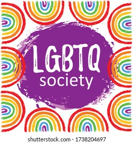Sociedad LGBTQ con arco iris en formato vector dibujando tinta a mano. Bandera de Grunge para el afiche. Fondo de símbolos de amor LGBTQ. Diseño de concepto