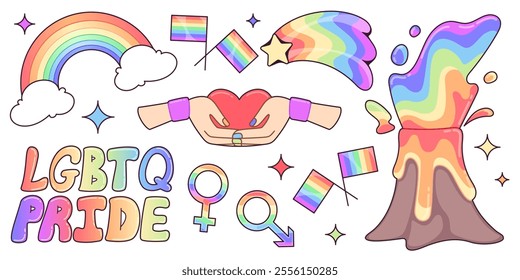 LGBTQ sticker set of rainbow gradient elements - erupting volcano, shooting star, floating flags. Colorful text LGBTQ Pride and gender symbols, sparkling stars and hands holding heart for pride design