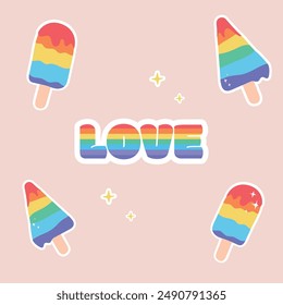 LGBTQ stickers pack. Vector set symbols with pride symbols, rainbow flag colored elements, gender signs. Cute pride stickers. Gay parade groovy celebration. Illustration on pink background.