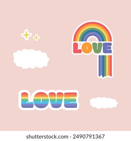 LGBTQ stickers pack. Vector set symbols with pride symbols, rainbow flag colored elements, gender signs. Cute pride stickers. Gay parade groovy celebration. Illustration on pink background.