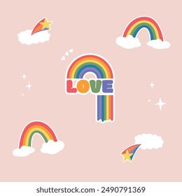 LGBTQ stickers pack. Vector set symbols with pride symbols, rainbow flag colored elements, gender signs. Cute pride stickers. Gay parade groovy celebration. Illustration on pink background.