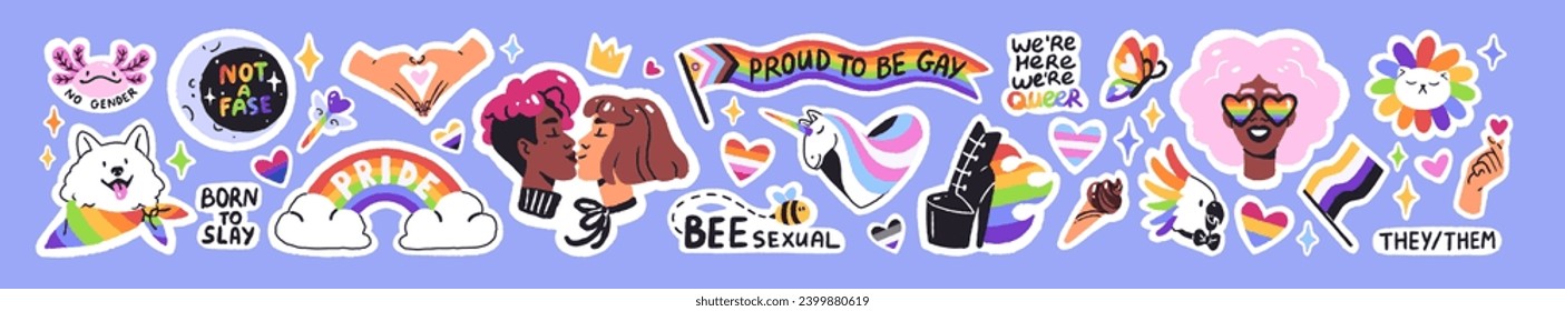 LGBTQ stickers set. Rainbow, hearts, cute dog, cat with gay symbols. LGBT progressive flags, lesbian kiss. Homosexual phrases, love, queer, pride month. Flat hand drawn isolated vector illustrations