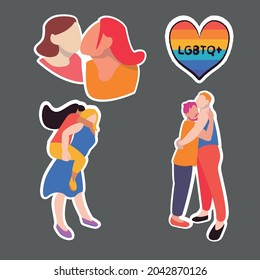 LGBTQ STICKERS.LGBT couple people vector illustration. Cartoon flat happy interracial LGBTQ