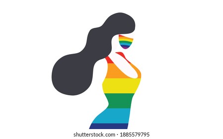 LGBTQ symbol concept, woman wearing rainbow face mask vector illustration. LGBTQ transgender concept