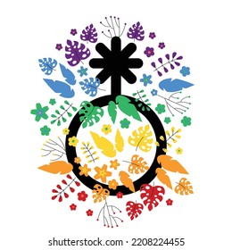LGBTQ and symbol genderqueer or non-binary, rainbow floral design with flowers and leaves, white background