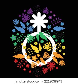 LGBTQ + symbol genderqueer or non-binary, rainbow floral design with flowers and leaves