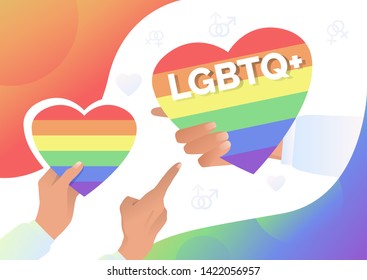 LGBTQ symbols. Human hands holding rainbow hearts. LGBT community concept. Vector illustration can be used for topics like gay pride,   proud