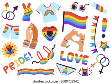 Lgbtq symbols set. Social community, gay parade signs. Pride celebration badges. Isolated love, romantic rainbow elements decent vector set