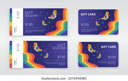 LGBTQ themed gift voucher, regular or e-gift card templates featuring rainbow flag, butterflies and hearts. Ideal for promotions in pride month or similar events and celebrations