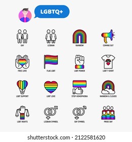 LGBTQ+ Thin Line Icons Set: Gay, Lesbian, Rainbow, Coming Out, Free Love, Flag, Support, Stop Homophobia, LGBTQ+ Rights, Pride Day. Modern Vector Illustration.