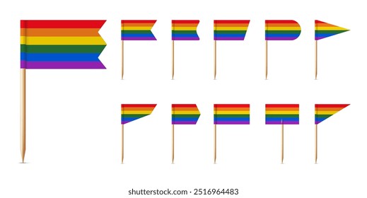 Lgbtq toothpick flags. Realistic 3d various toothpick rainbow flag. LGBT+ Pride Parade month vector mockups.