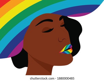 LGBTQ transgender concept beautiful woman with rainbow color symbol in  lip and hat. LGBTQ design concept background. LGBTQ pride month concept