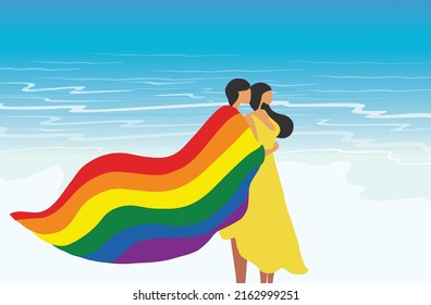 Pareja transgénero LGBTQ sostiene una bandera arcoíris en la ilustración del vector de la playa. Concepto del mes del orgullo LGBTQ