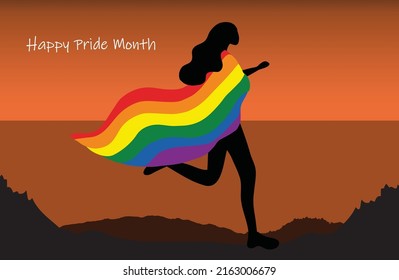 Mujer transgénero LGBTQ con bandera arco iris corriendo sobre ilustración de vector de playa. Concepto del mes del orgullo LGBTQ