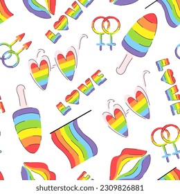 LGBTQ vector seamless pattern with pride symbols and rainbow colors. Pattern with flag, lips, ice cream, glasses and phrases. Pride Parade. Pride Month. Doodle vector illustration. For textiles