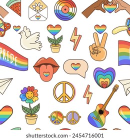 LGBTQ vector seamless pattern. Symbols of the LGBT pride community. Flat illustration in 70s retro clipart design.