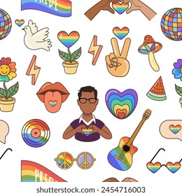 LGBTQ-Vektorgrafik nahtloses Muster. Symbole der LGBT-Gemeinschaft. Flache Illustration im 70er Jahre Retro Clipart Design.