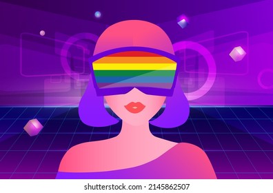 LGBTQ woman wearing virtual reality goggle glass, having 3d experience in virtual reality  vector illustration. Metaverse and blockchain 3D experience technology concept
