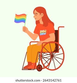 LGBTQ Woman in Wheelchair Holding Pride Flag Vector Illustration