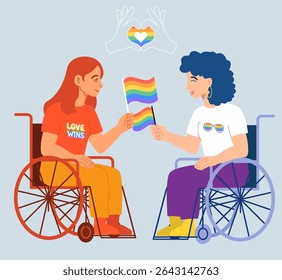 LGBTQ Women in Wheelchairs Holding Pride Flags. Inclusive Vector Illustration
