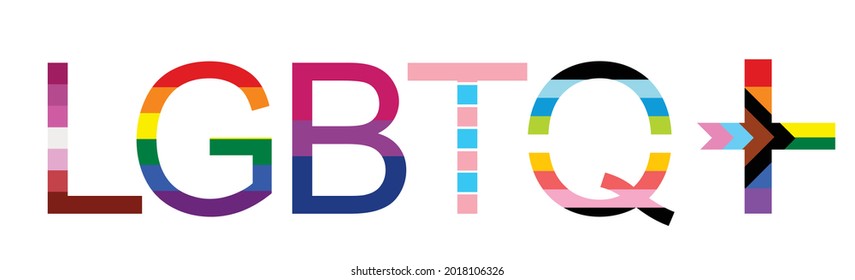 LGBTQ+ word banner vector illustration isolated on white background. Typography with L Lesbian flag, G Gay Pride flag colors. B Bisexual flag. T Transgender community pride. Q Queer. Gay parade symbol