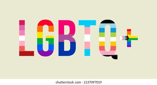 Ilustración vectorial de banner de palabra LGBTQ+ aislada en fondo blanco. Tipografía con bandera de Lesbianas L, bandera del Orgullo Gay B, bandera bisexual B, orgullo de la comunidad T Transgénero, Q Queer. Símbolo del desfile gay