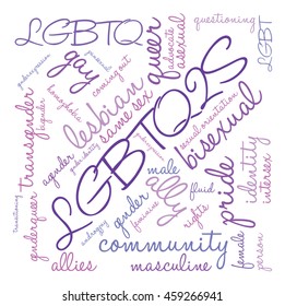 LGBTQ2S word cloud on a white background. 