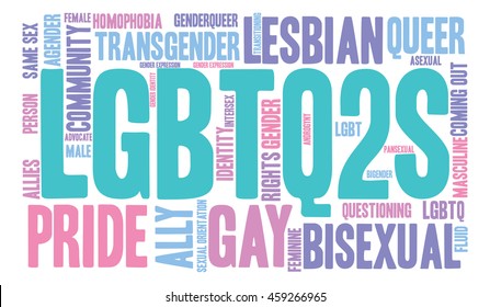 LGBTQ2S word cloud on a white background. 