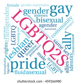 LGBTQ2S word cloud on a white background. 