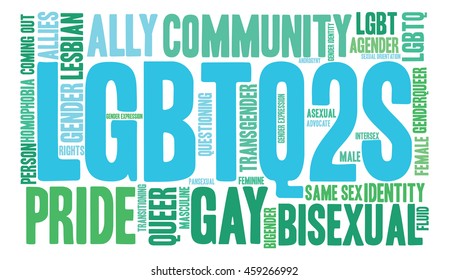LGBTQ2S word cloud on a white background. 