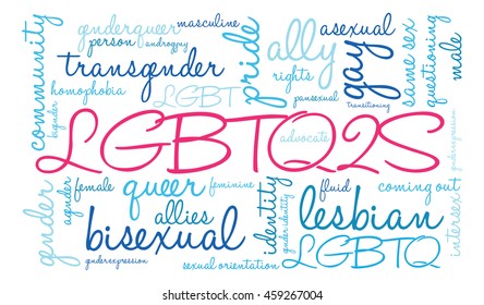 LGBTQ2S word cloud on a white background. 