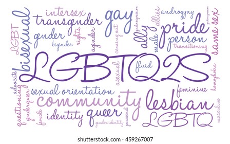 LGBTQ2S word cloud on a white background. 