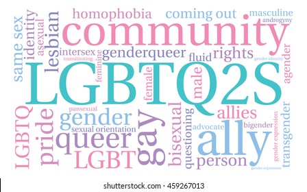 LGBTQ2S word cloud on a white background. 