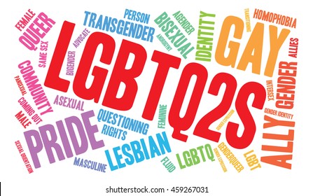 LGBTQ2S word cloud on a white background. 