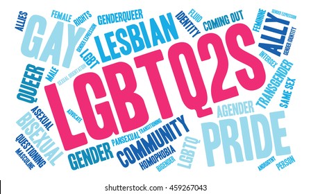 LGBTQ2S word cloud on a white background. 