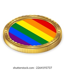 LGBTQA+ Pride Flag Round Icon 2.5D Isometric Projection View Gold Coin Isolated on White Background