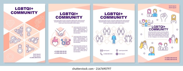 LGBTQI community pink brochure template. Social group. Leaflet design with linear icons. Editable 4 vector layouts for presentation, annual reports. Arial-Black, Myriad Pro-Regular fonts used
