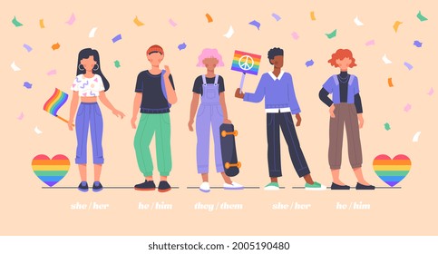 Concepto de movimiento social LGBTQI. Diversos jóvenes multiétnicos protestan o participan en una manifestación, defendiendo los intereses y derechos de las minorías. Ilustración vectorial de dibujos animados planos