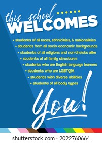 LGBTQIA Inclusive Poster for Schools - This School Welcomes You Flyer - Teacher and Administrator Resource - Anti-Racism Signage | Equality and Diversity in the Classroom