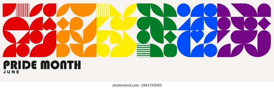 LGBTQIA+ Pride Month Banner. Simple Geometric Pattern of shapes in the rainbow pride flag colors. Vector Illustration. EPS10