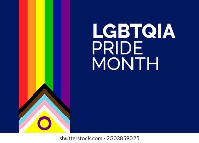 LGBTQIA Pride Month Banner. LGBTQIA-Pride-Monat-Text auf dunkelblauem Hintergrund mit LGBTQIA-Pride-Flagge