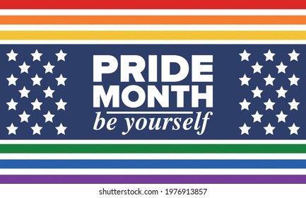 LGBTQIA Pride Month in June. Lesbian Gay Bisexual Transgender. Celebrated annual. LGBT flag. Rainbow love concept. Human rights and tolerance. Poster, card, banner and background. Vector illustration