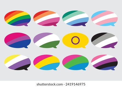 LGBTQIA speech bubble shape pride flag flat design icon set. Pride month concept.