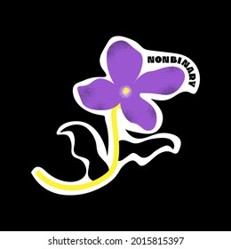 Pegatina LGBTQIA. Flor violeta con título no binario. Ilustración del vector