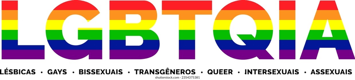 LGBTQIA Text Banner in Portuguese. LGBTQIA Typography with LGBT Pride Flag Colours.