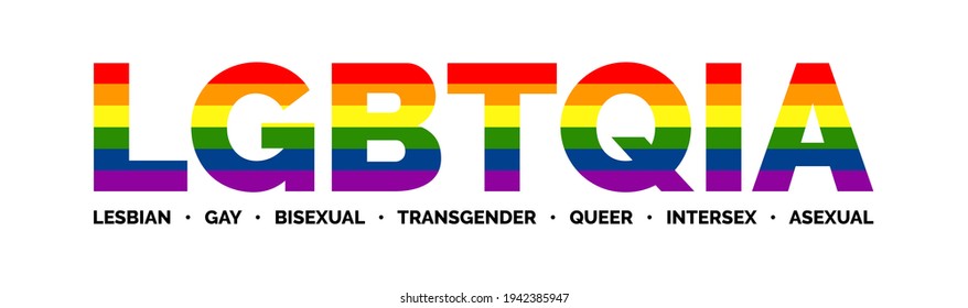 LGBTQIA Text Banner. LGBTQIA Typography with LGBT Gay Pride Flag Colours. LGBTQIA: Lesbian Gay Bisexual Transgender Queer Intersex Asexual