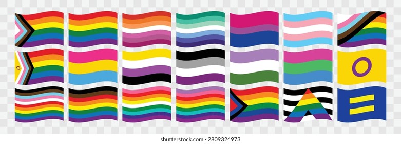 LGBTQIA+ waving pride flag vector collection. Rainbow progress pride, lesbian, gay, bisexual, transgender flags and more. Waving LGBTQ identity fag set isolated on transparent background. Vector illustration