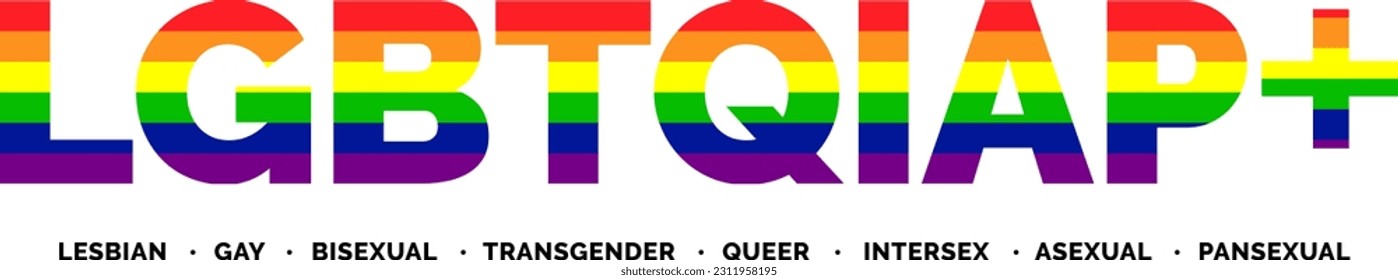 Banner de texto LGBTQIAP+. Tipografía LGBTQIAP+ con colores de bandera del Orgullo LGBT. Gay Lesbiana Bisexual Transexual Transexual Gay Intersexual Asexual
