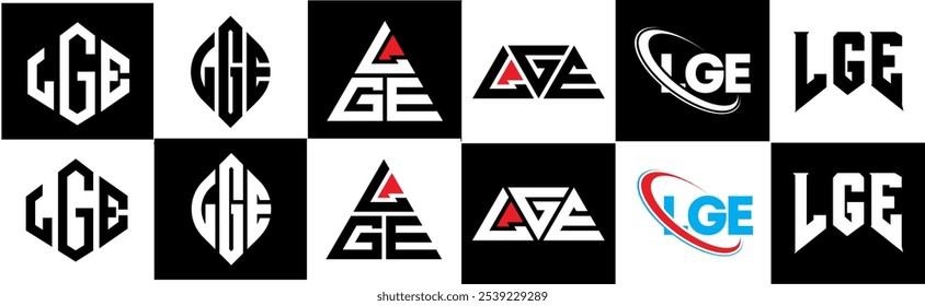 LGE letter logo design in six style. LGE polygon, circle, triangle, hexagon, flat and simple style with black and white color variation letter logo set in one artboard. LGE minimalist and classic logo